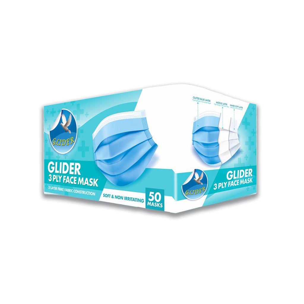 Glider Face Mask with Elastic Ear Loop 3 Ply Breathable and Comfortable for Blocking Dust Air Pollution & Protection (3 BOXES, 150 Masks)