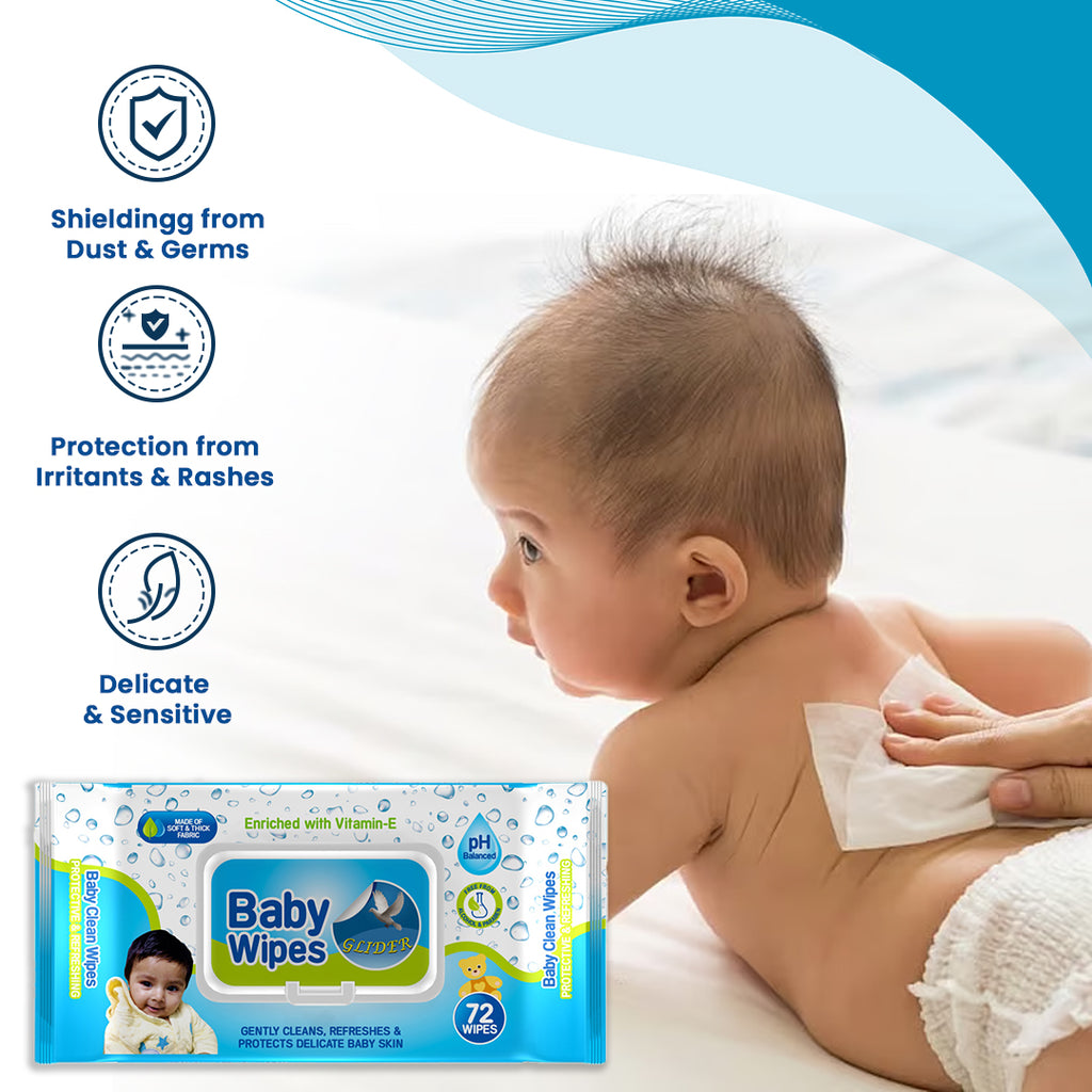 Glider Baby Wipes - with Moisture Lock Flip-Top , Contains Aloe Vera & Vitmain E , pH balanced with No Parabens & Chlorine