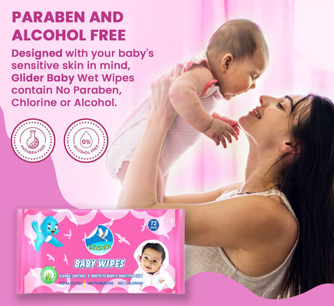 Glider Baby Water Wipes with Aloe-Vera , Vitamin E & Mild Fragrance - 98% Water