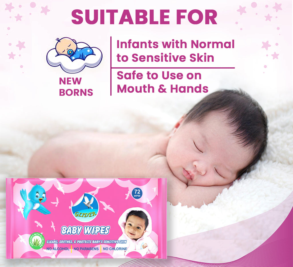 Glider Baby Water Wipes with Aloe-Vera , Vitamin E & Mild Fragrance - 98% Water
