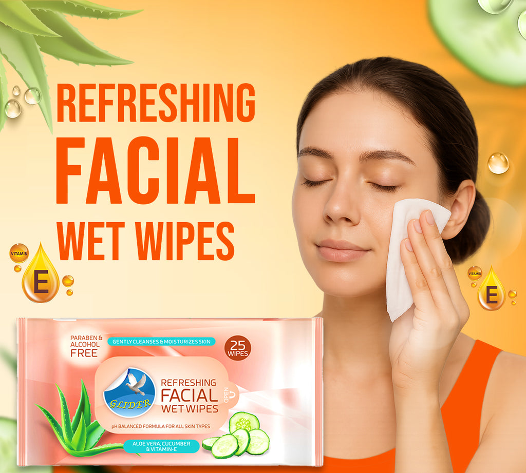 Glider Face Wipes Enriched with Aloe Vera , Cucumber & Vitamin E | All Types Skin Friendly & pH Balanced | Alcohol & Paraben Free | Moisturizes , Refreshes & Soothes Skin | 25 Wipes (Pack of 3) 75 Wipes