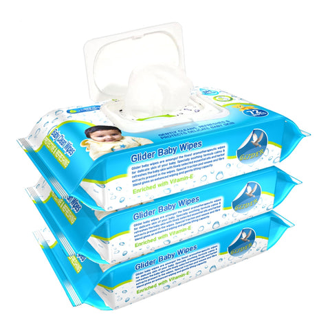Glider Baby Wipes - with Moisture Lock Flip-Top , Contains Aloe Vera & Vitmain E , pH balanced with No Parabens & Chlorine