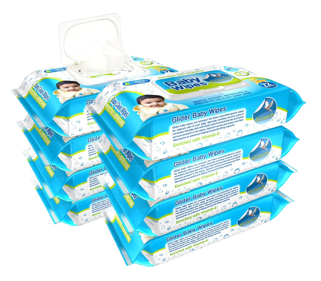 Glider Baby Wipes - with Moisture Lock Flip-Top , Contains Aloe Vera & Vitmain E , pH balanced with No Parabens & Chlorine