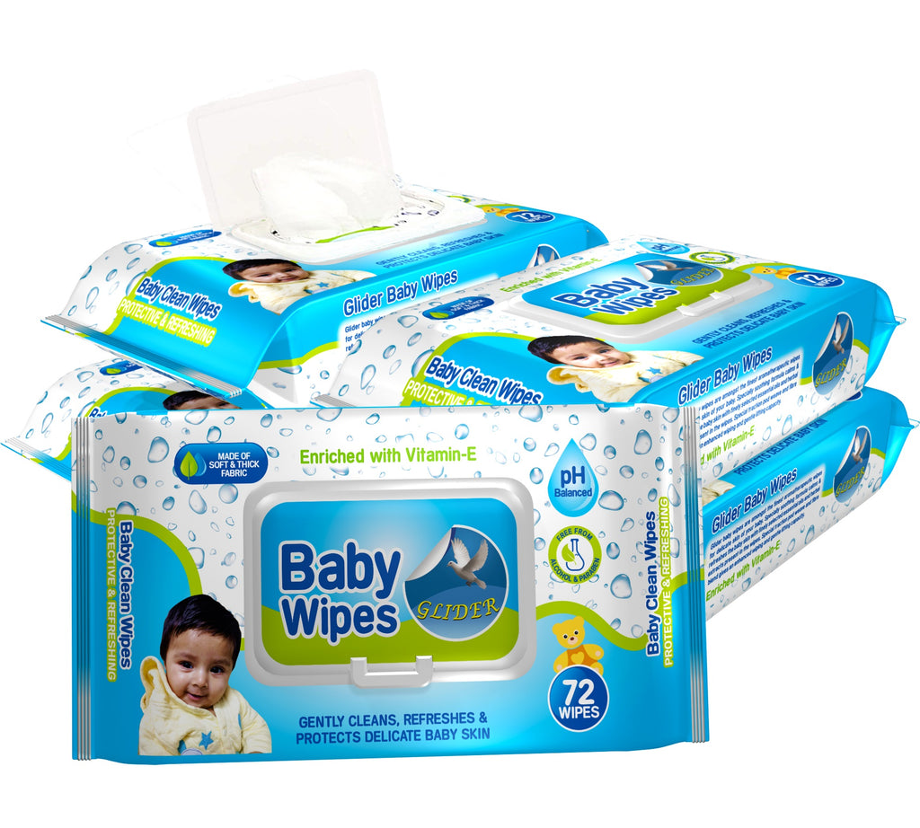Glider Baby Wipes - with Moisture Lock Flip-Top , Contains Aloe Vera & Vitmain E , pH balanced with No Parabens & Chlorine