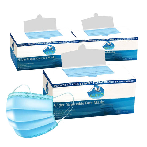 Glider Face Mask with Elastic Ear Loop 3 Ply Breathable and Comfortable for Blocking Dust Air Pollution & Protection (3 BOXES, 150 Masks)